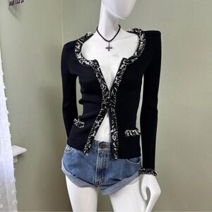 NWT Caché Black Fringe Trim Cardigan Slim Fit Double‎ Zip Y2K